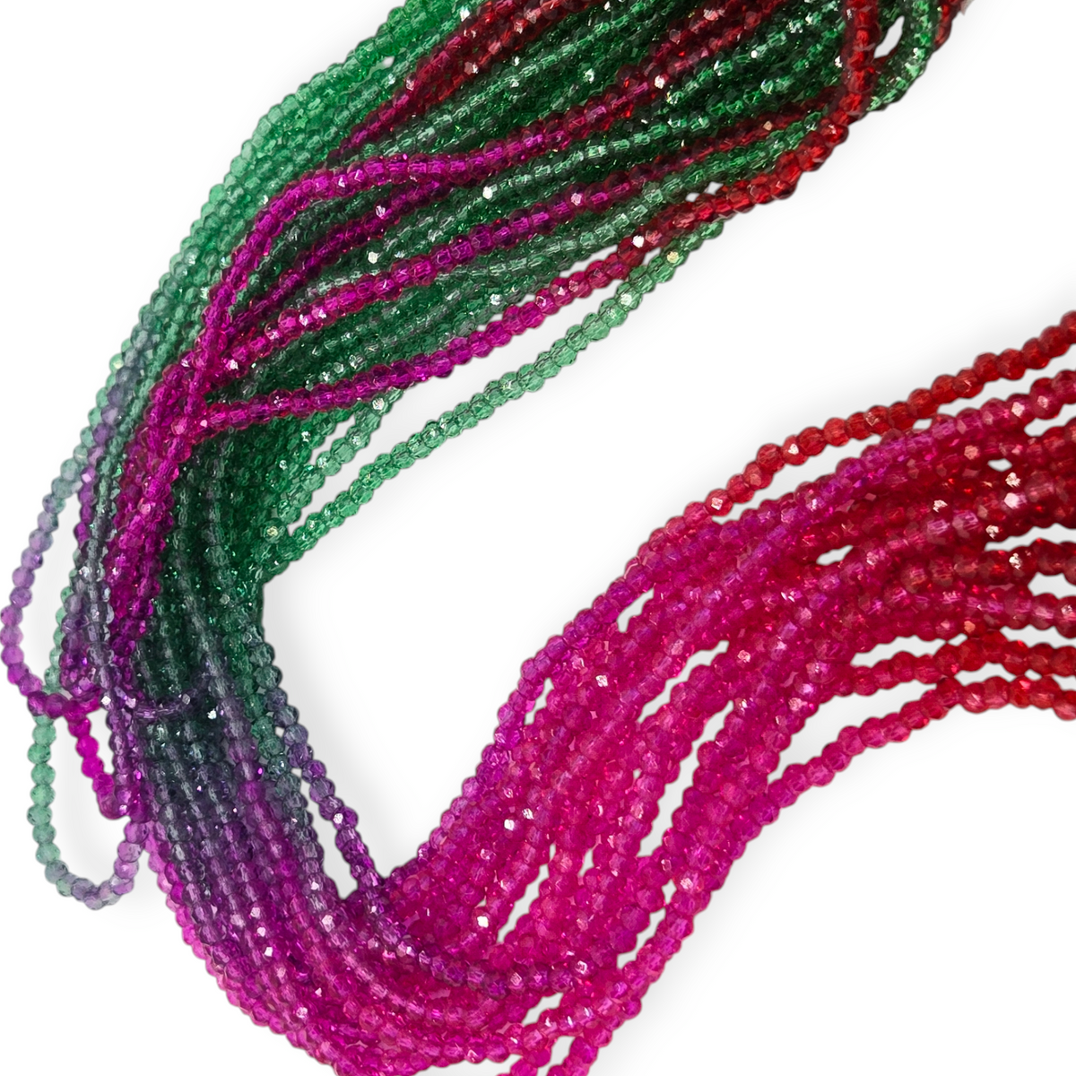 Faceted glass rondelle bead strand, mixed emerald, magenta, purple, red