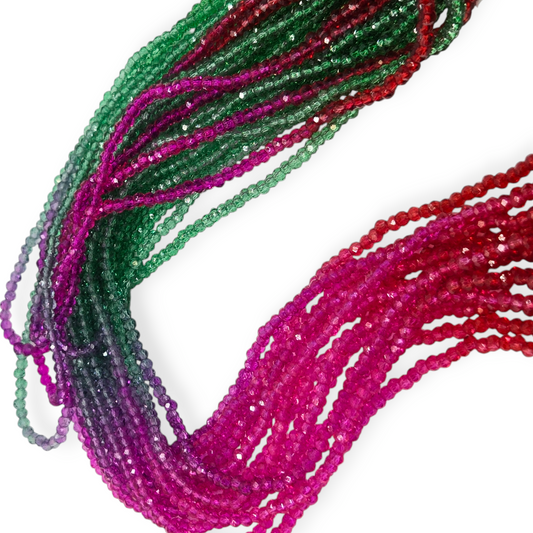 Faceted glass rondelle bead strand, mixed emerald, magenta, purple, red