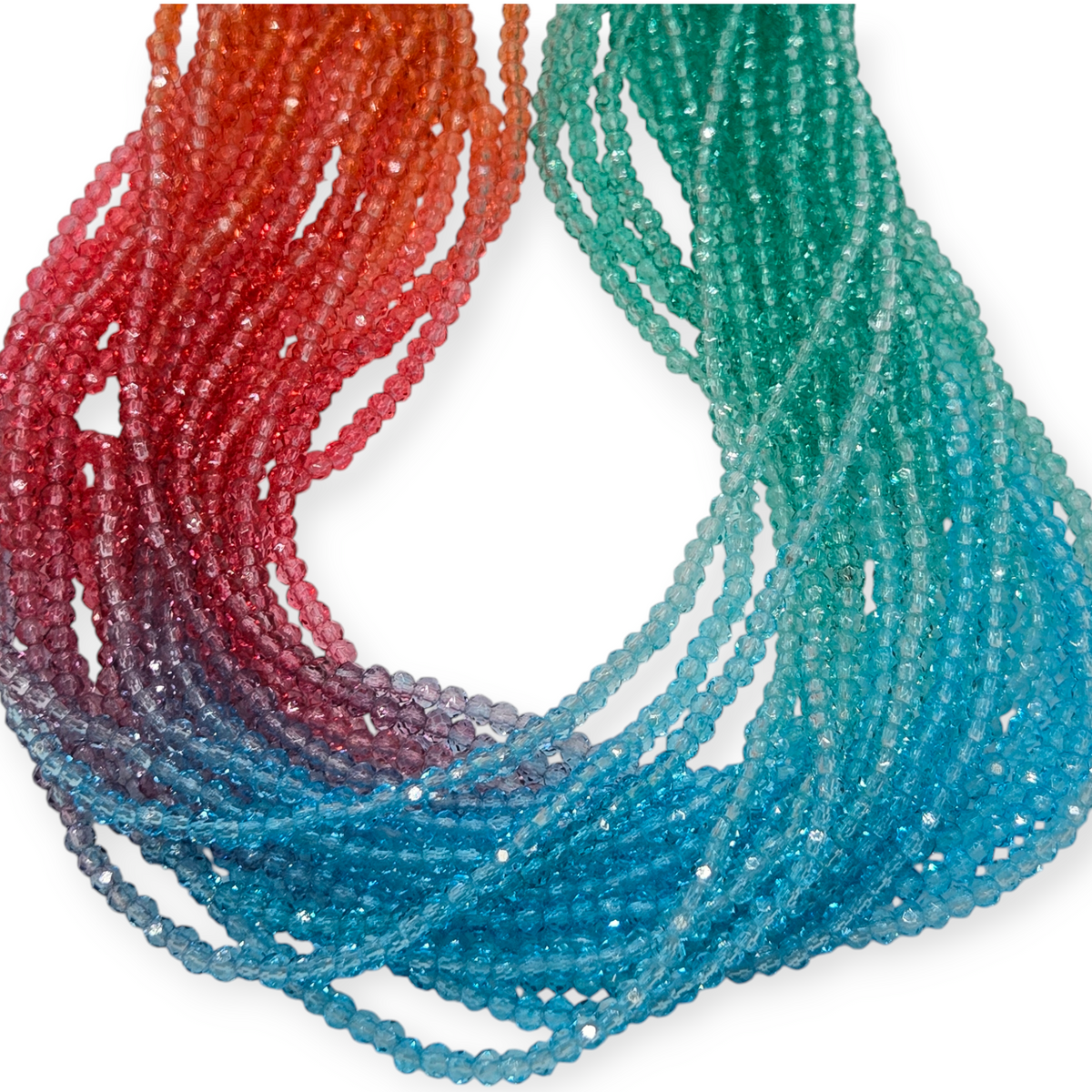 Faceted glass rondelle bead strand in coral, red, pink, lavender and blue mix