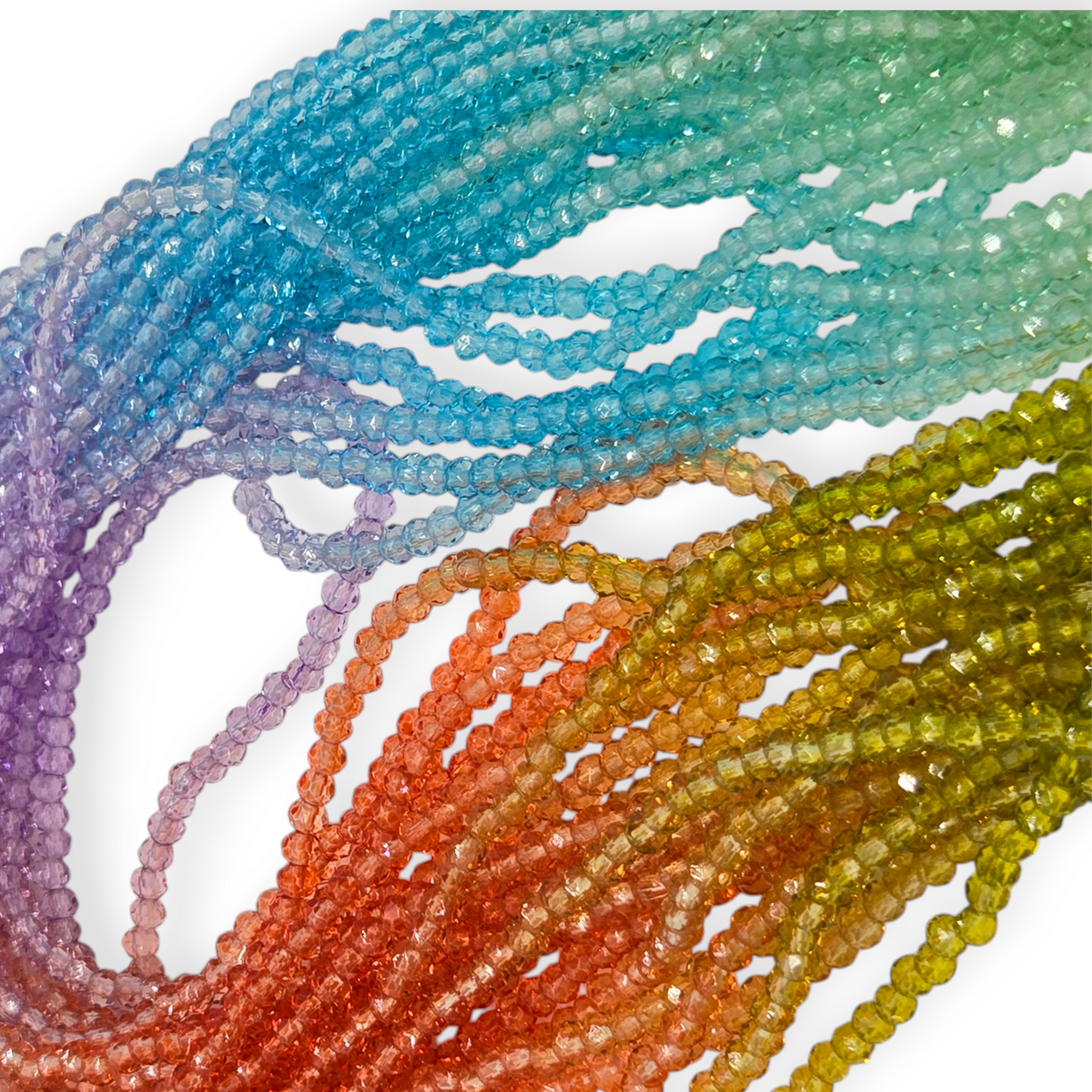 Faceted glass rondelle beads strand, transparent mix of purple, blue, teal, coral, olive