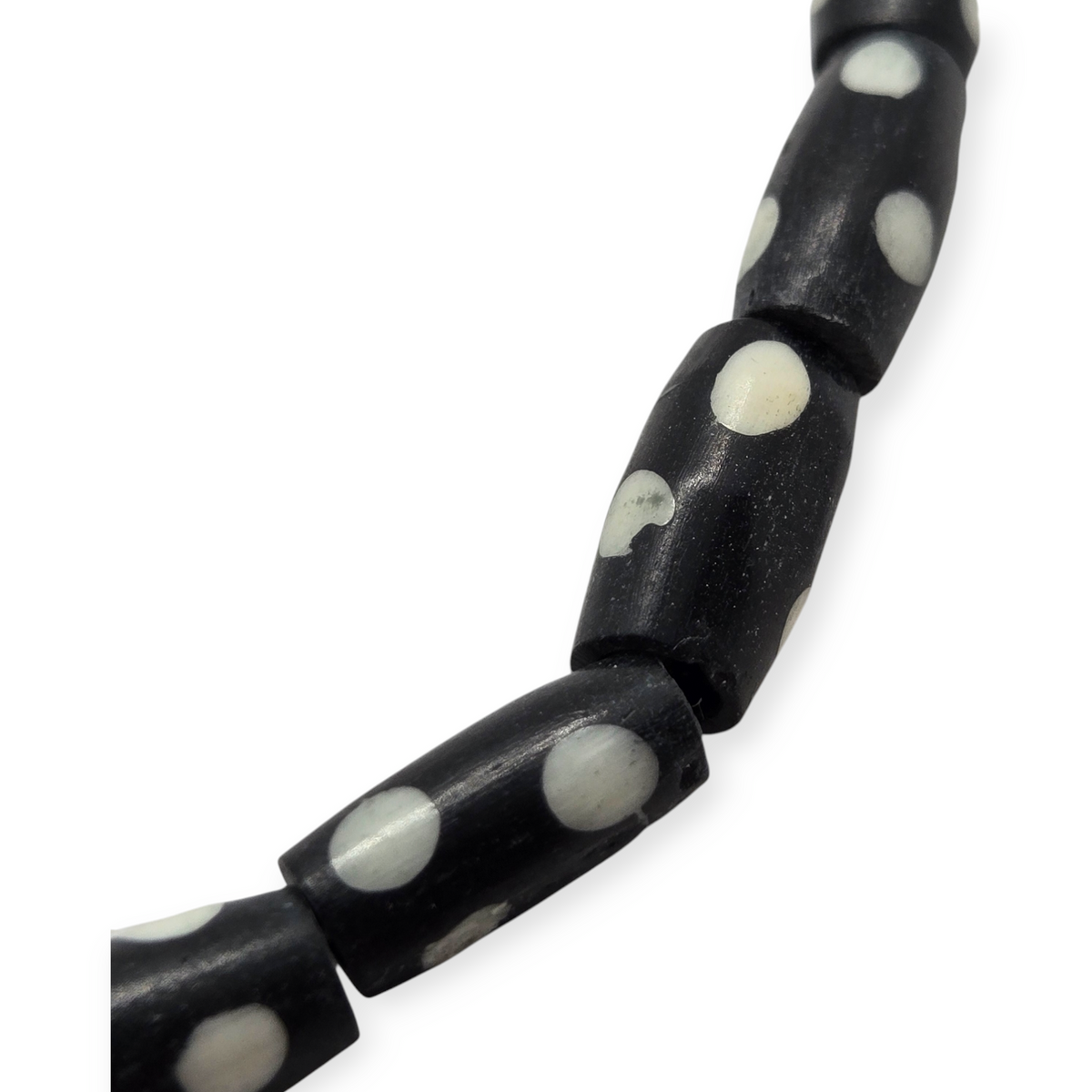 Black barrel beads with white dot pattern, glossy cylindrical beads