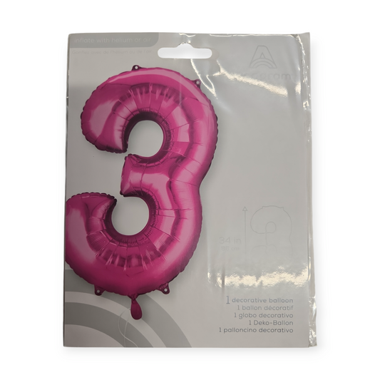 Pink foil number 3 balloon, 34 in tall
