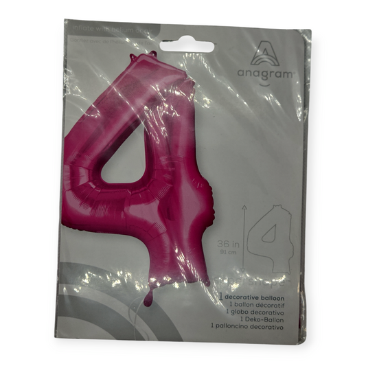 Pink foil balloon number 4, 36 in tall