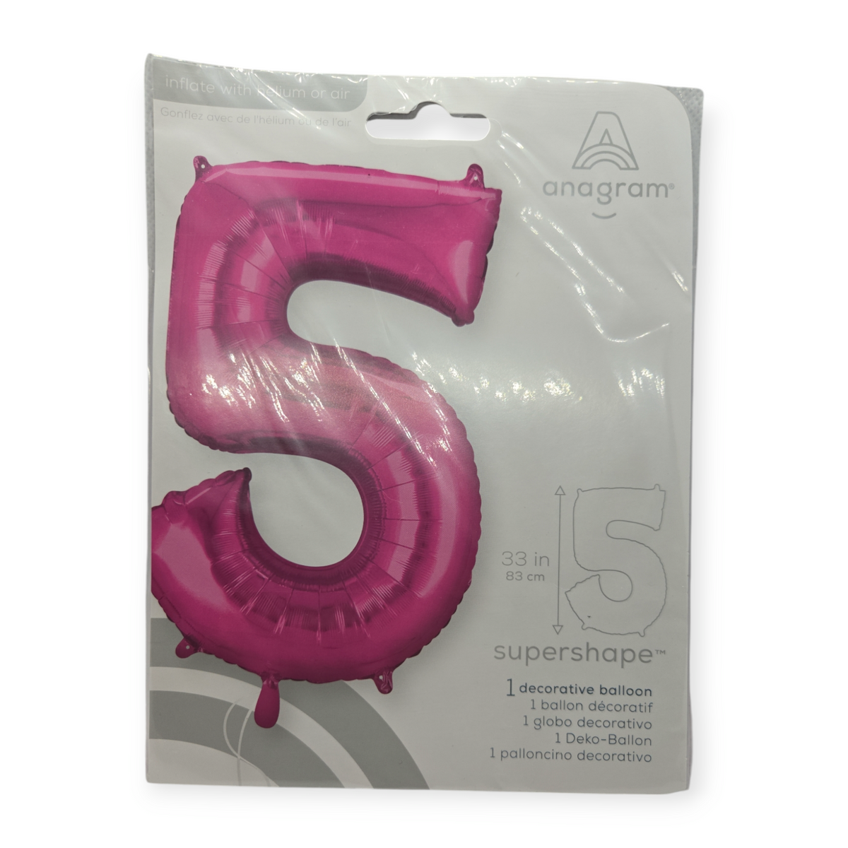Pink foil number 5 balloon, supershape, 33 in tall