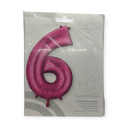 Anagram 6 foil supershape balloon, pink, 34 in tall