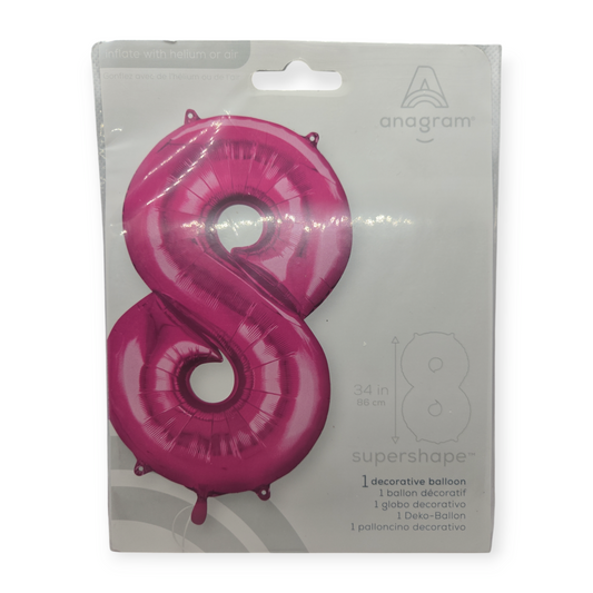 Pink metallic foil number 8 balloon, 34 in tall