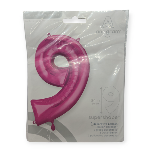 Pink metallic 9 foil supershape balloon, upright packaged design