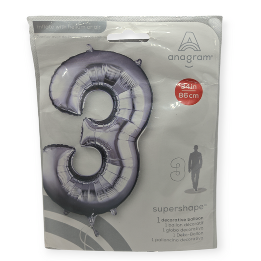 Silver foil number 3 balloon, 34 in tall