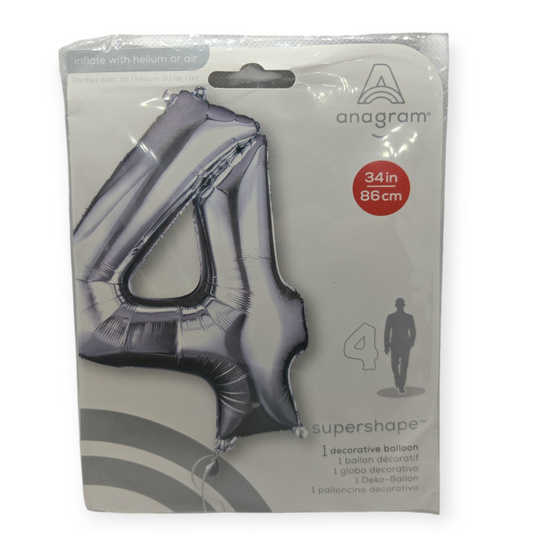 Silver foil number 4 balloon, 34in tall