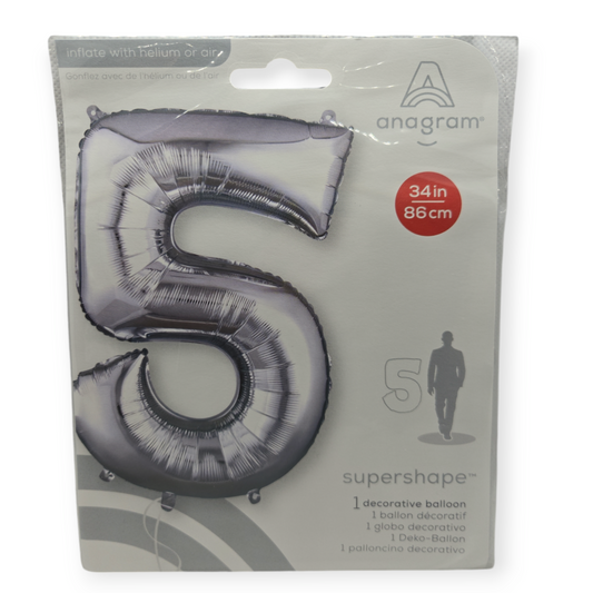 Silver foil number 5 balloon, 34 in tall supershape design