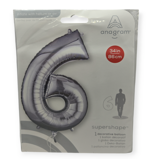 Silver foil number 6 balloon, 34 in tall, supershape design