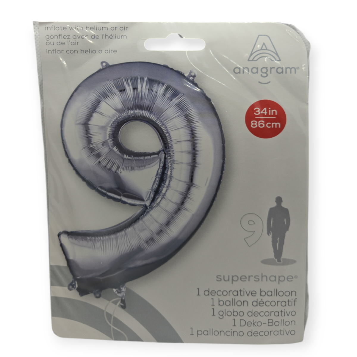 Silver foil number 9 balloon, 34 in tall, Anagram supershape decorative balloon