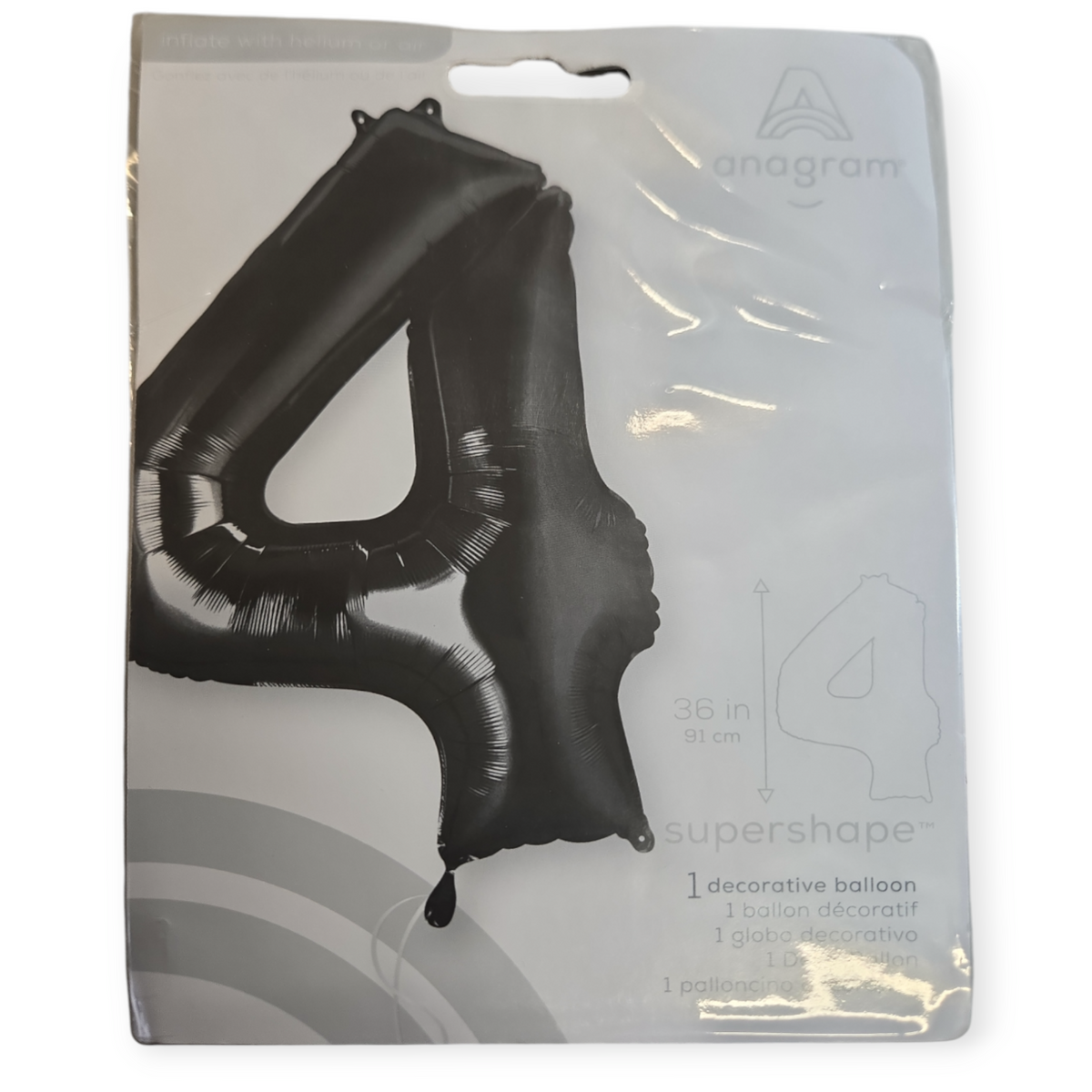 Black foil number 4 balloon, 36 in supershape, glossy balloon decoration