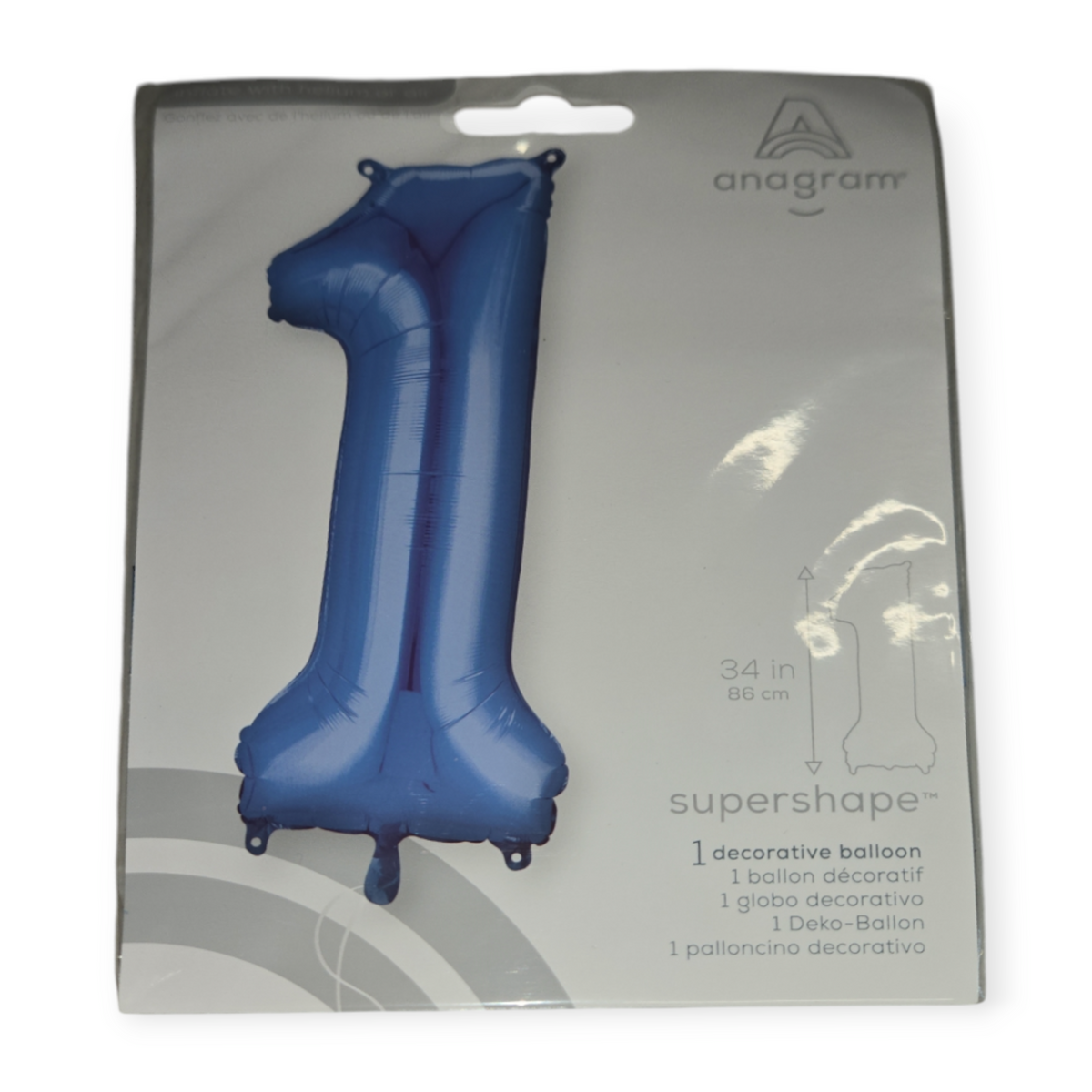 Blue foil number 1 balloon, 34 in tall
