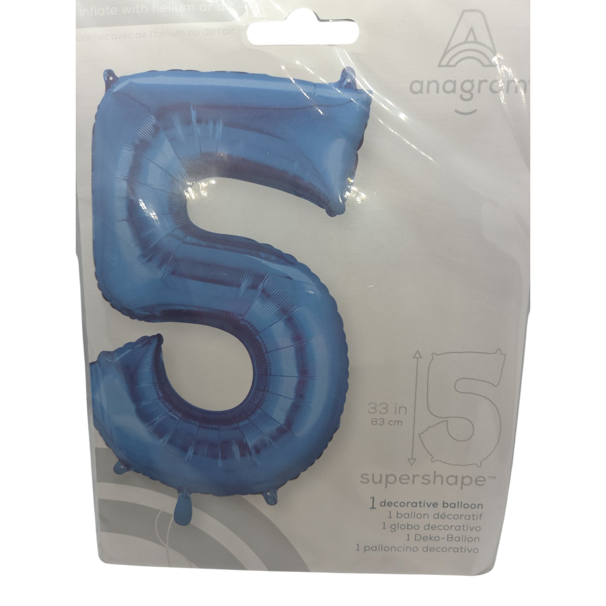Blue foil number 5 balloon, 33 in tall, supershape