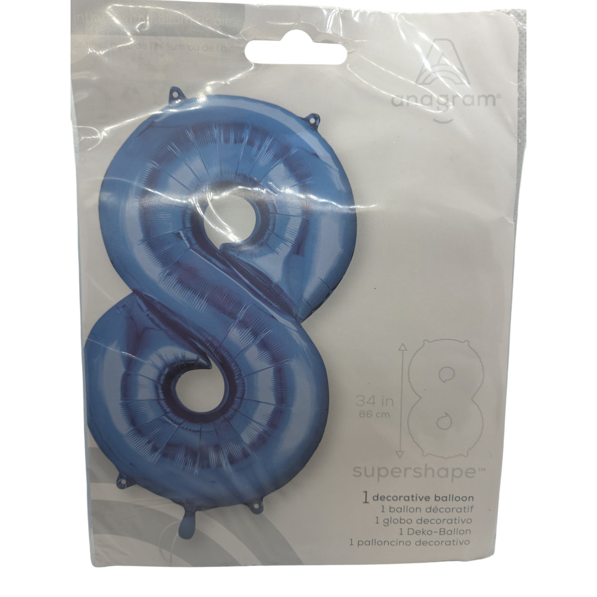 Blue foil number 8 balloon, supershape style, 34 in tall
