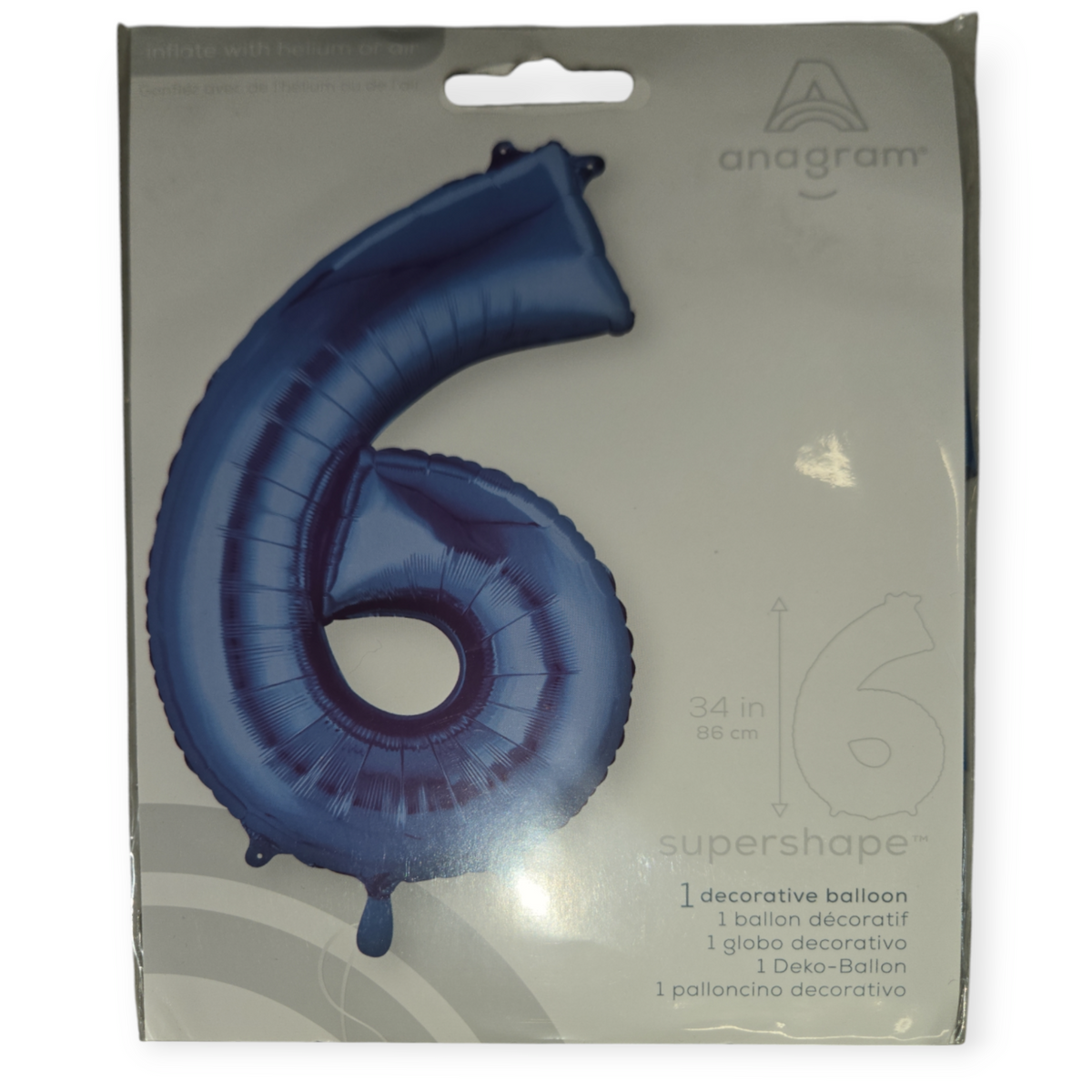 Blue SuperShape foil number 6 balloon, 34 in tall, shiny