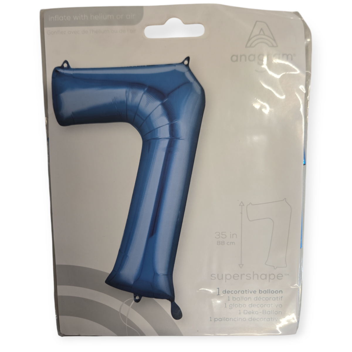 Blue foil number 7 balloon, tall supershape style, single balloon