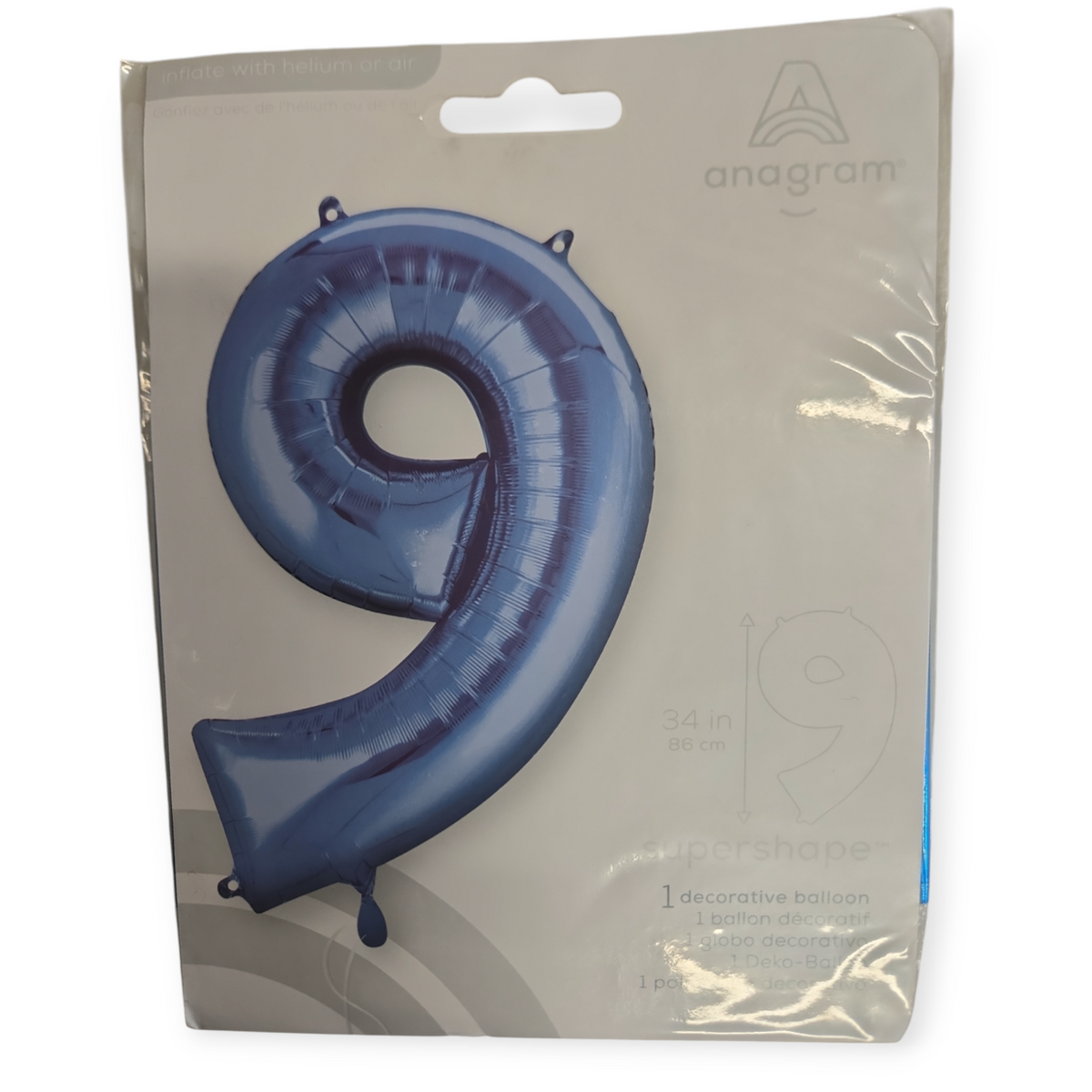 Blue foil number 9 balloon, 34 in tall, 1-piece decorative balloon