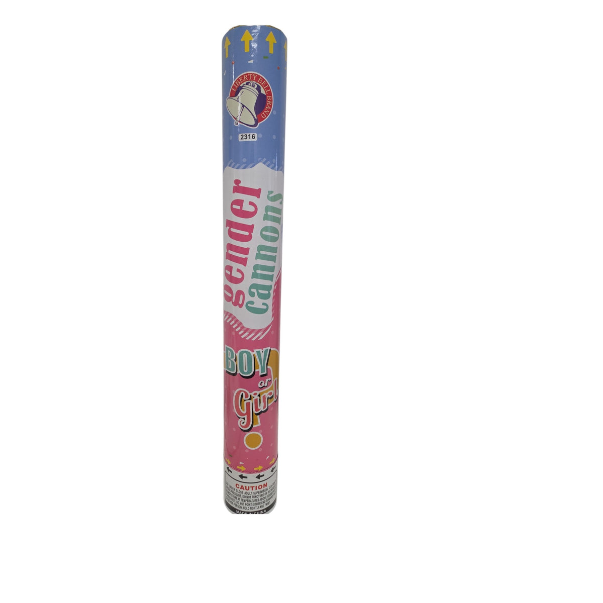 Blue gender reveal confetti cannon tube with “Boy” text and confetti graphic