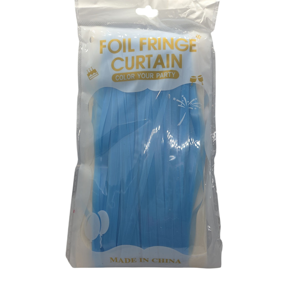 Baby blue foil fringe curtain with straight fringe, shown in retail package
