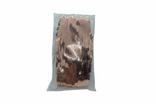 Rose gold foil fringe curtain with metallic hanging strips, sealed in clear bag