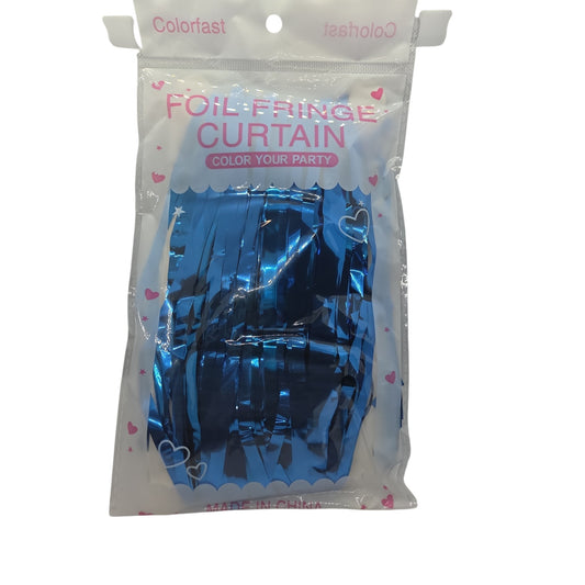 Blue foil fringe curtain with metallic strands, in sealed retail bag
