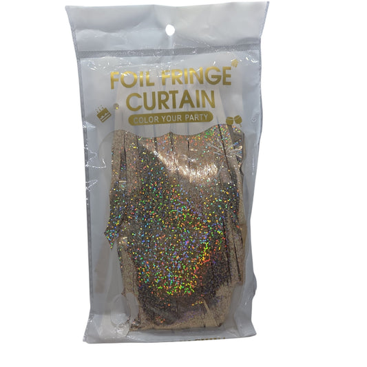 Holographic gold foil fringe curtain in clear bag packaging