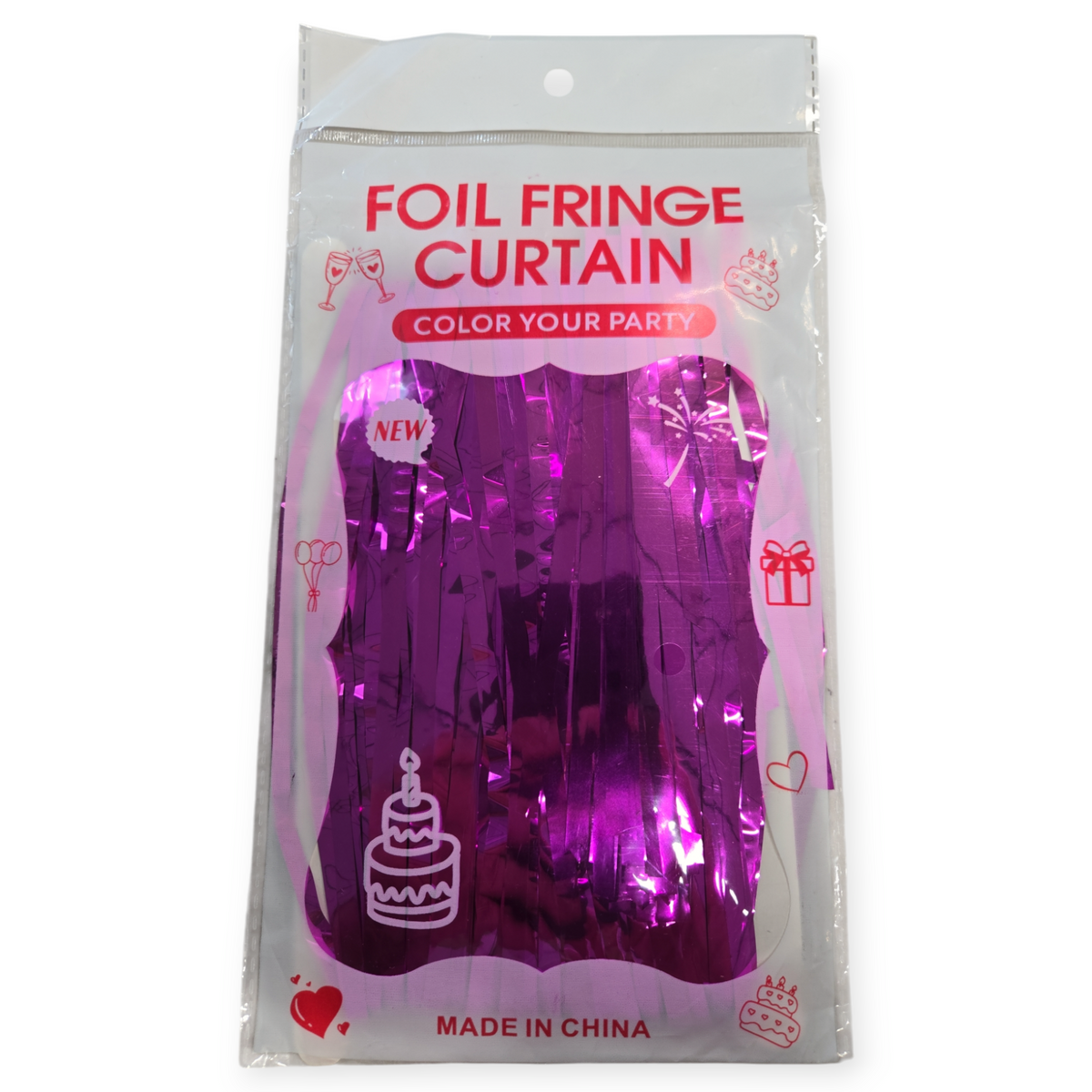 Pink foil fringe curtain in a sealed package
