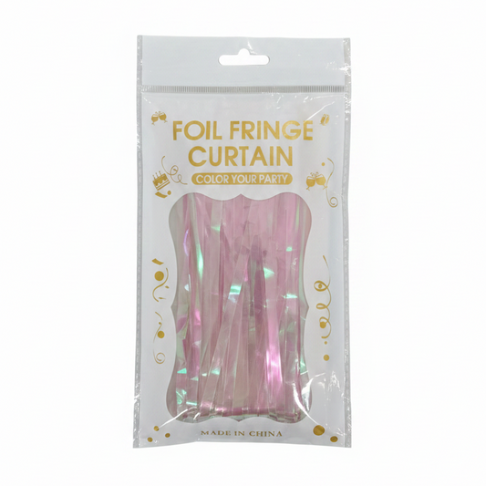 Iridescent foil fringe curtain, hanging fringe strips in holographic pink-purple