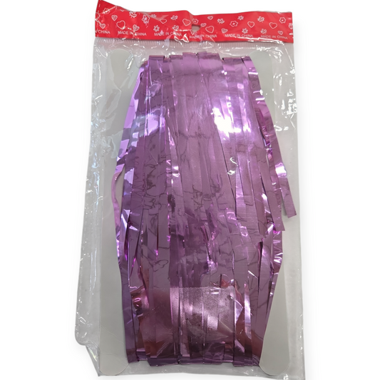 Lavender metallic foil fringe curtain, crinkled vertical strips in a clear package.