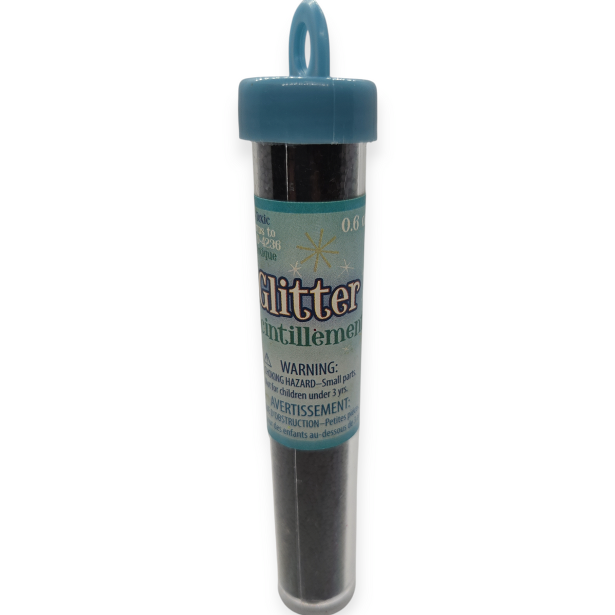 Black craft glitter tube with blue cap, 17g, cylindrical refill container