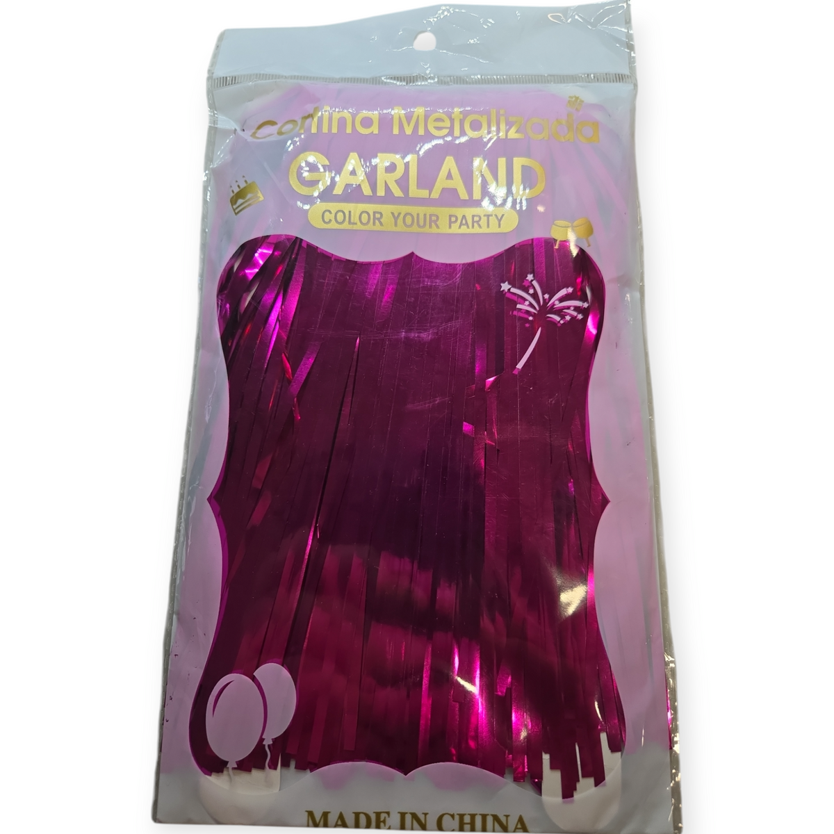Pink metallic foil fringe curtain with tinsel-like strands in clear package