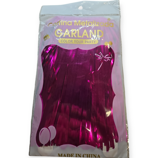 Pink metallic foil fringe curtain with tinsel-like strands in clear package