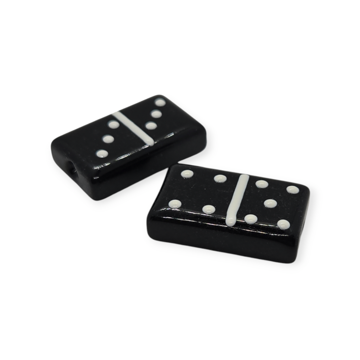 Black acrylic domino beads with white pips, pair