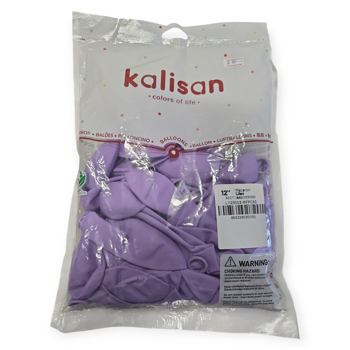 Lilac 12-inch macaroon latex balloons, 50-pack bag, natural rubber.