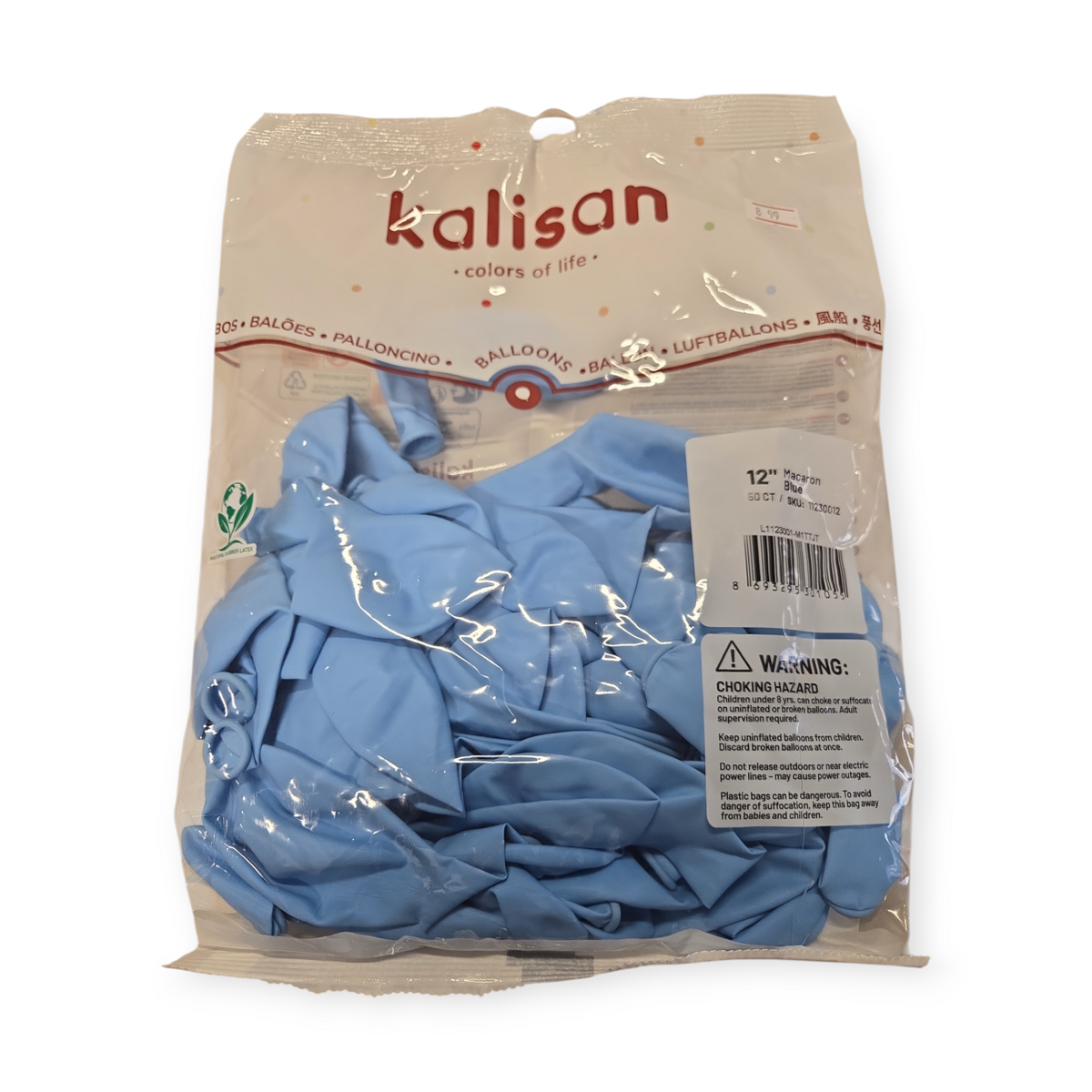 12-inch blue latex balloons in a retail bag