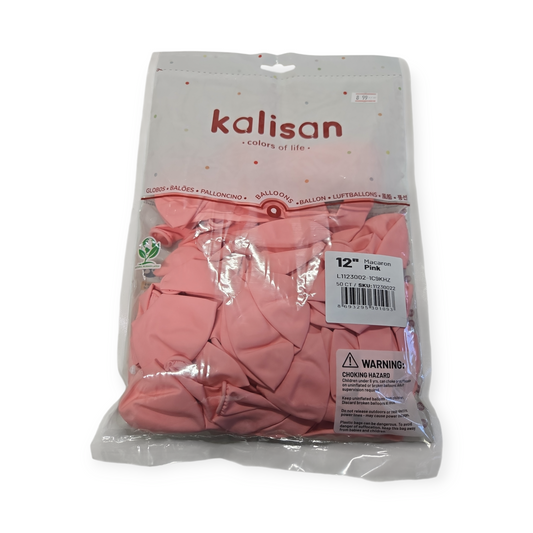Kalisan 12-inch macaron pink latex balloons, 50-count bag of natural rubber.