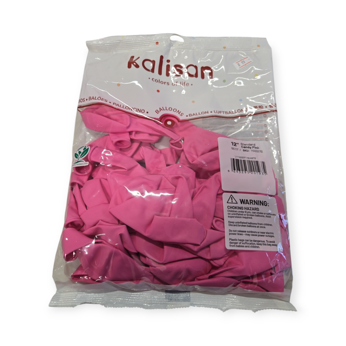 12" candy pink latex balloons, natural rubber, in sealed pack with warning label