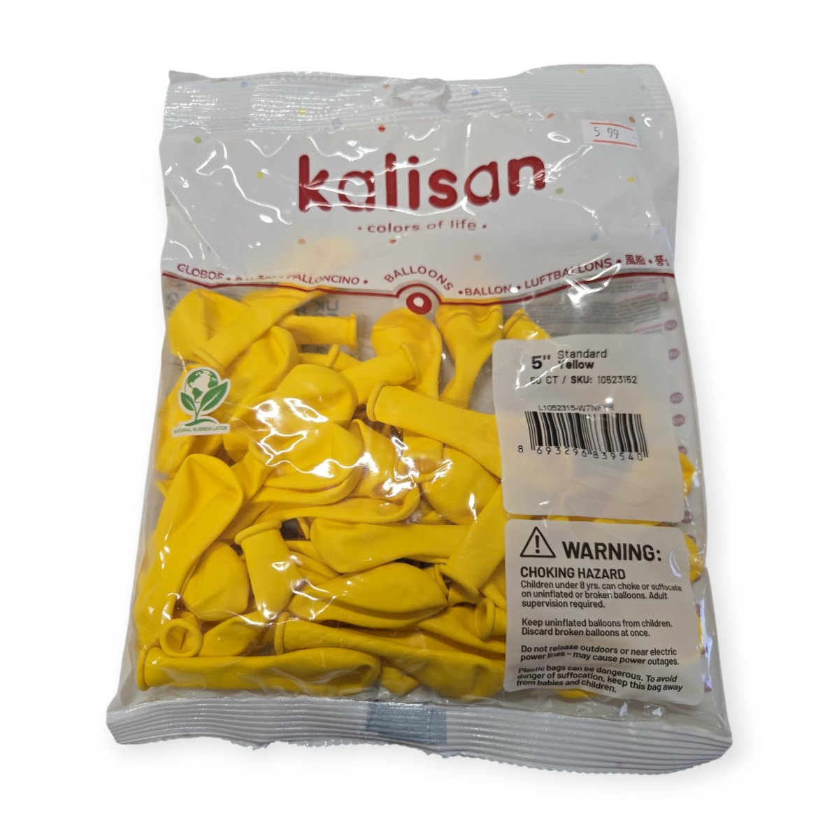 Kalisan 5-inch standard latex balloons, yellow 50-count bag