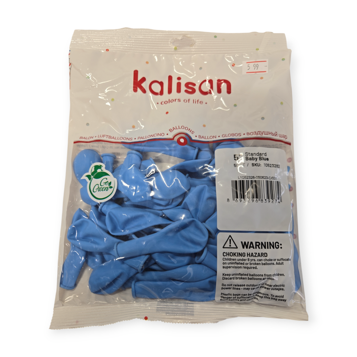 Baby blue 5" latex balloons in sealed bag, 50-count pack.