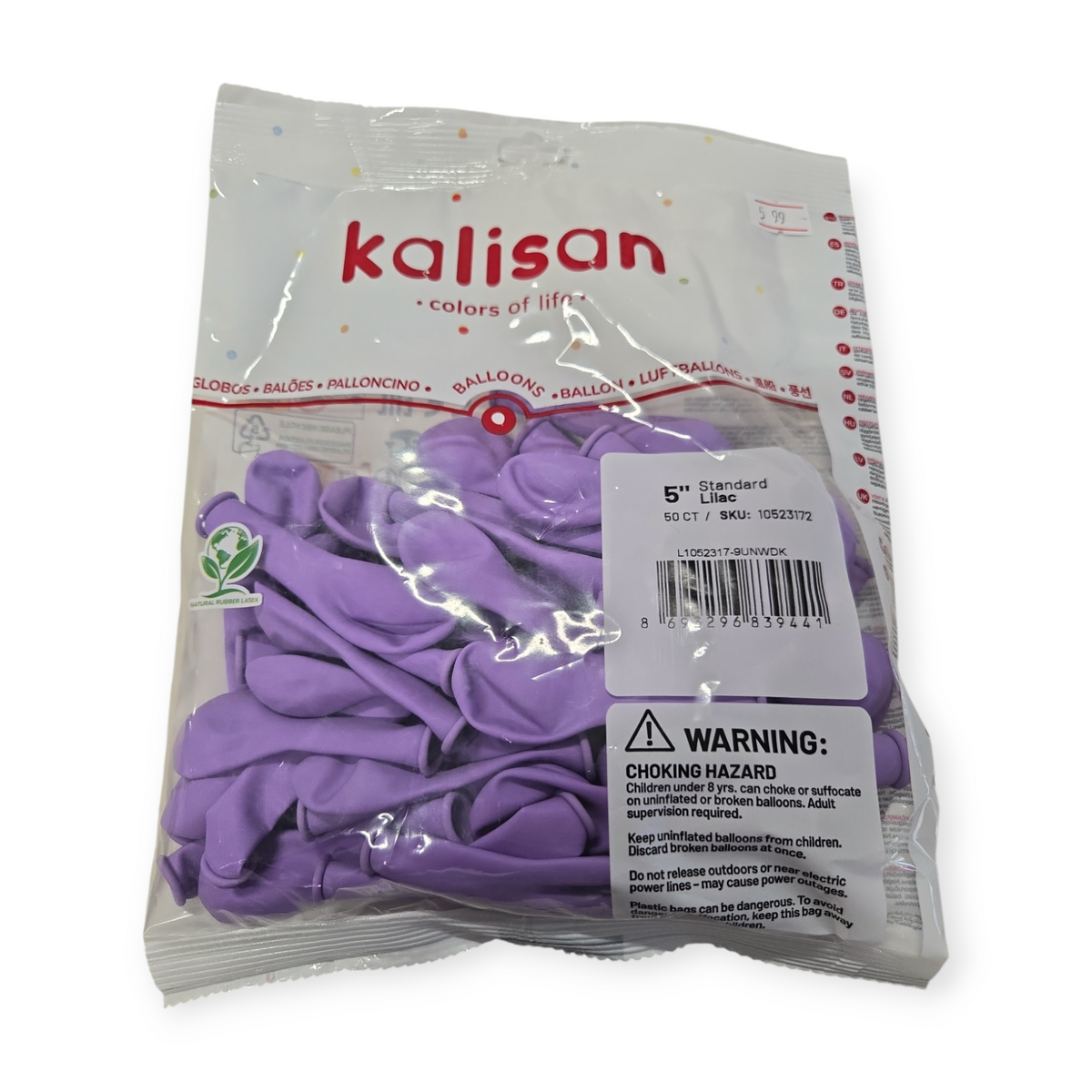 Kalisan 5 in lilac natural rubber latex balloons, 50-count bag