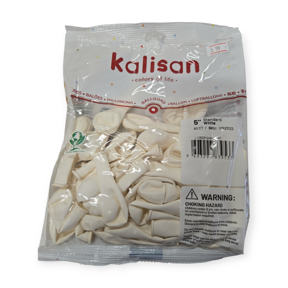 Kalisan 5 in white latex balloons, natural rubber, 50-count bag