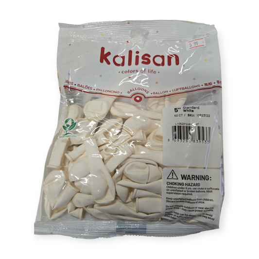 Kalisan 5 in white latex balloons, natural rubber, 50-count bag