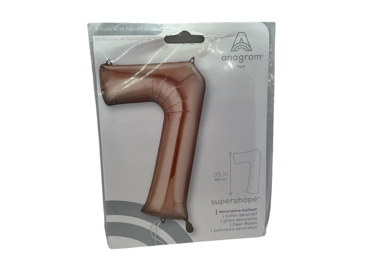 Rose gold foil number 7 balloon, anagram supershape, in retail package