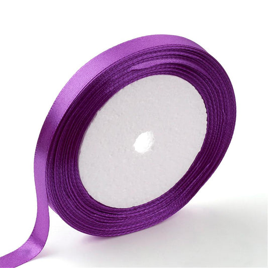 Purple satin ribbon roll with loose end, 10mm wide