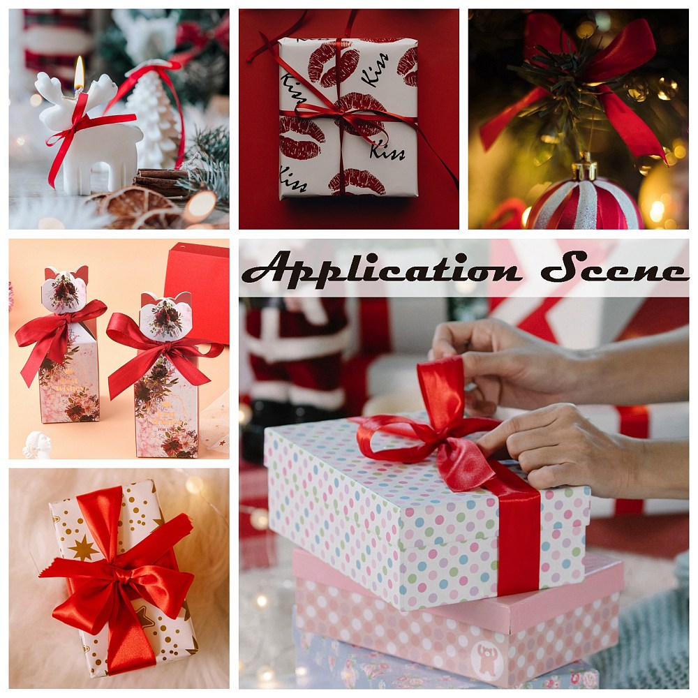 Red satin ribbon bow on a wrapped gift box