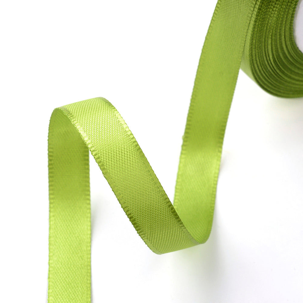 Olive drab satin ribbon spool tail forming a loose loop, 10mm wide