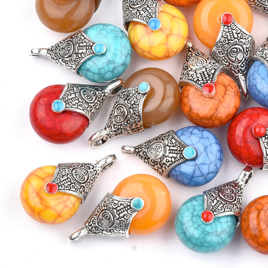 Antique silver teardrop pendants with mixed resin colors and red/blue enamel accents