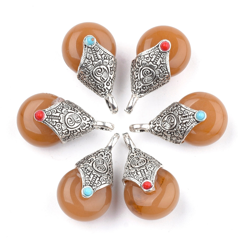 Antique silver teardrop pendants with amber resin teardrops and red and blue accents